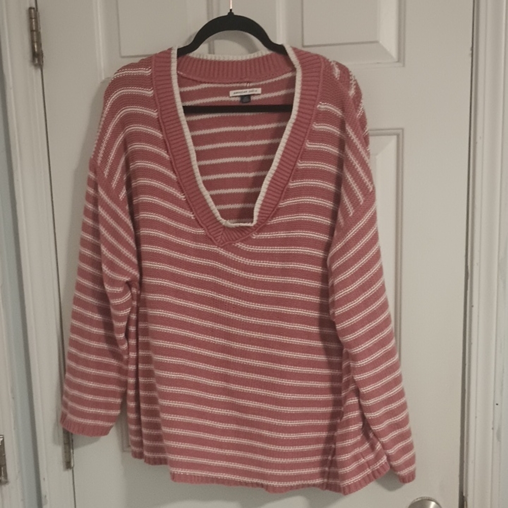 American Eagle Oversized Waffle Knit Stripe Sweater Cozy V Neck Size L/G